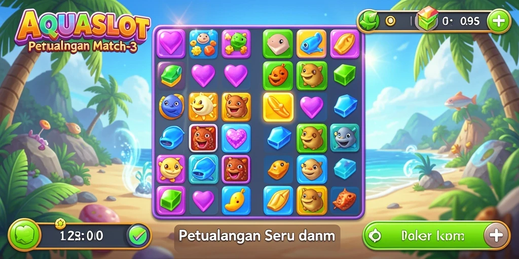 Screenshot gameplay AQUASLOT yang menampilkan kombinasi objek dalam Match-3.