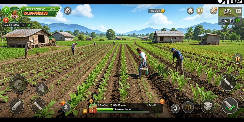 Screenshot gameplay RAJAPANDA88 yang menampilkan suasana ladang yang indah.